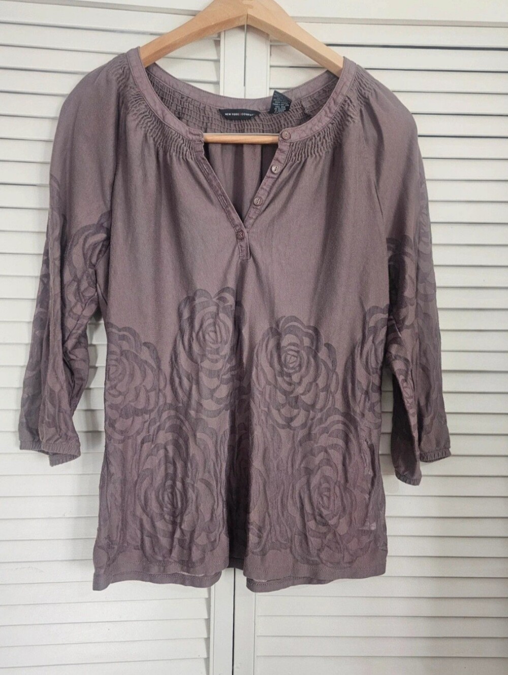 New York & Company Brown Floral-Print Peasant Top